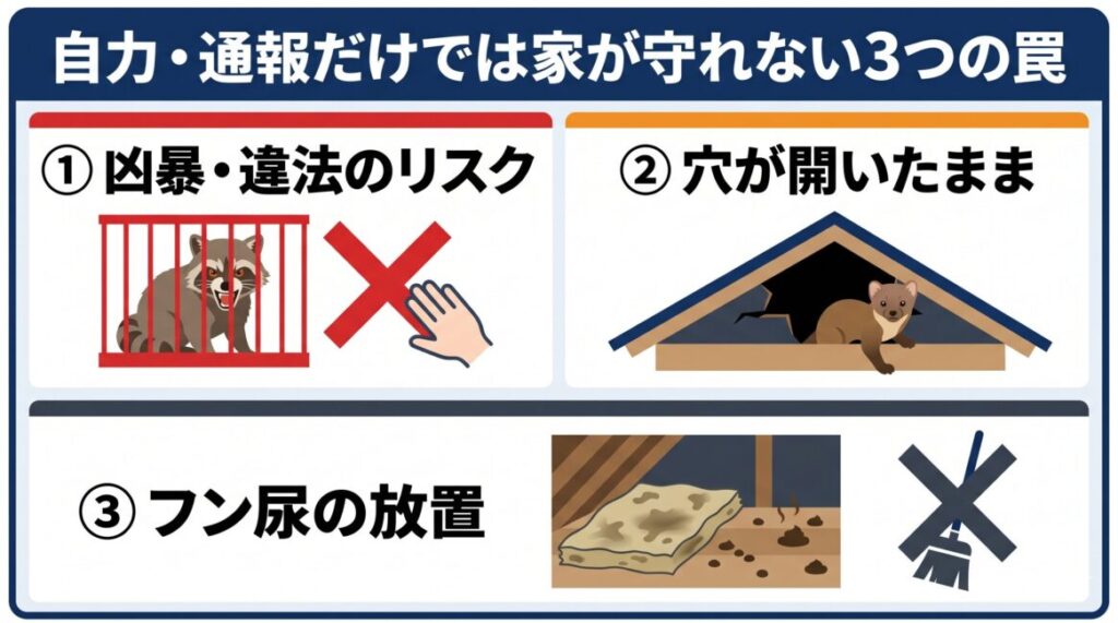 流山市のアライグマ駆除において市役所への通報や自力捕獲だけでは根本解決しない3つの理由を解説した図解。1：凶暴な特定外来生物を素人が生きたまま運搬・処分する精神的肉体的限界と法律違反リスク、2：侵入経路の隙間が開いたままで起きる別の害獣の再侵入無限ループ、3：屋根裏に遺された数十キロのため糞や断熱材汚損は行政は掃除してくれない二次被害リスクを示し、プロによる完全封鎖と消毒清掃の必要性を表すスマホ最適化インフォグラフィック