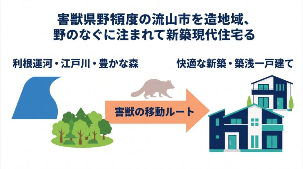 千葉県流山市のアライグマ・害獣被害が加速する地理的特徴を解説した図解。利根運河や江戸川といった広大な水系、市野谷の森などの豊かな緑地がアライグマの繁殖・移動ルートになり、そこから地続きの流山おおたかの森や南流山などの新興住宅街にある、断熱材が暖かく快適な新築・築浅一戸建てへと害獣が次々と流れ込んで侵入する構造を示すスマホ最適化インフォグラフィック