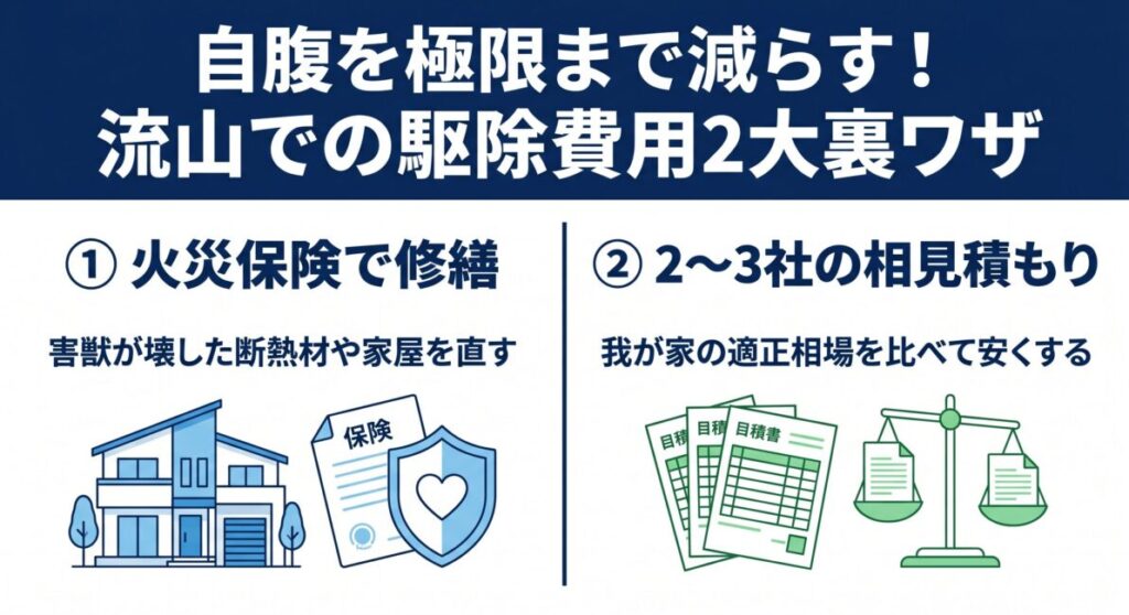 千葉県流山市のアライグマ・害獣駆除費用を極限まで抑える2大裏ワザの図解。裏ワザ1：アライグマが破壊した屋根裏の断熱材や、併発したネズミがかじった電気配線・天井板の修繕リフォーム費用に火災保険（不測かつ突発的な事故）を申請して自己負担を下げる方法（実質0円の事例多数）。裏ワザ2：流山市全域に対応した複数の優良業者から無料の相見積もりを取り、適正相場を把握して不要なオプションや悪徳業者を排除することを示すスマホ最適化インフォグラフィック