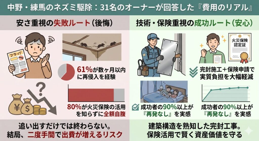 中野区・練馬区の戸建てオーナー31名を対象としたネズミ駆除実態調査のインフォグラフィック。格安業者の依頼で6割以上が再発を経験した事実と、火災保険を活用して実質0円で完封工事を行った成功例の比較。