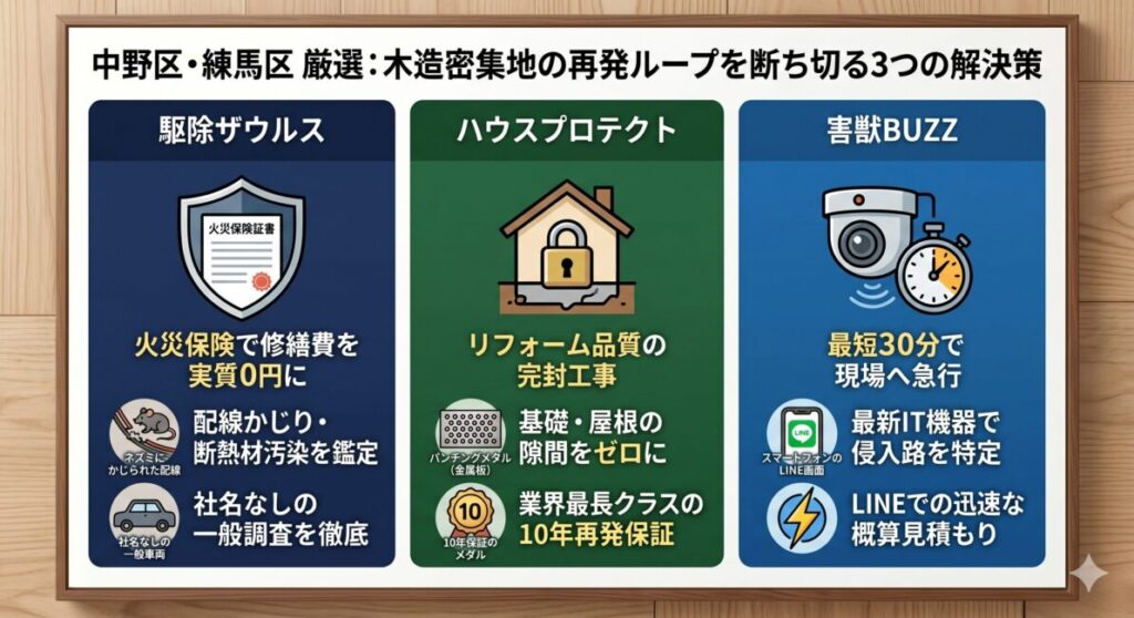 中野区・練馬区のネズミ駆除業者選びの比較図解。火災保険活用に強いプロ、建築構造の封鎖と長期保証に強いプロ、IT診断とスピード対応に強いプロという3つの専門性の違いを視覚化。