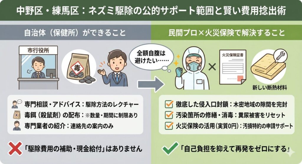 中野区・練馬区の木造住宅密集地におけるネズミの侵入経路図解。隣家と近接した構造ゆえに、追い出しても床下や屋根の隙間から再侵入するリスクと、プロによる物理的な封鎖（完封施工）の重要性を可視化。