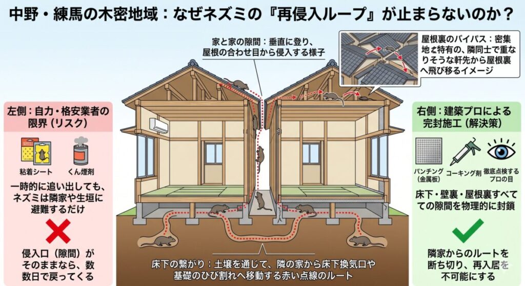 中野区・練馬区の木造住宅密集地におけるネズミの侵入経路図解。隣家と近接した構造ゆえに、追い出しても床下や屋根の隙間から再侵入するリスクと、プロによる物理的な封鎖（完封施工）の重要性を可視化。