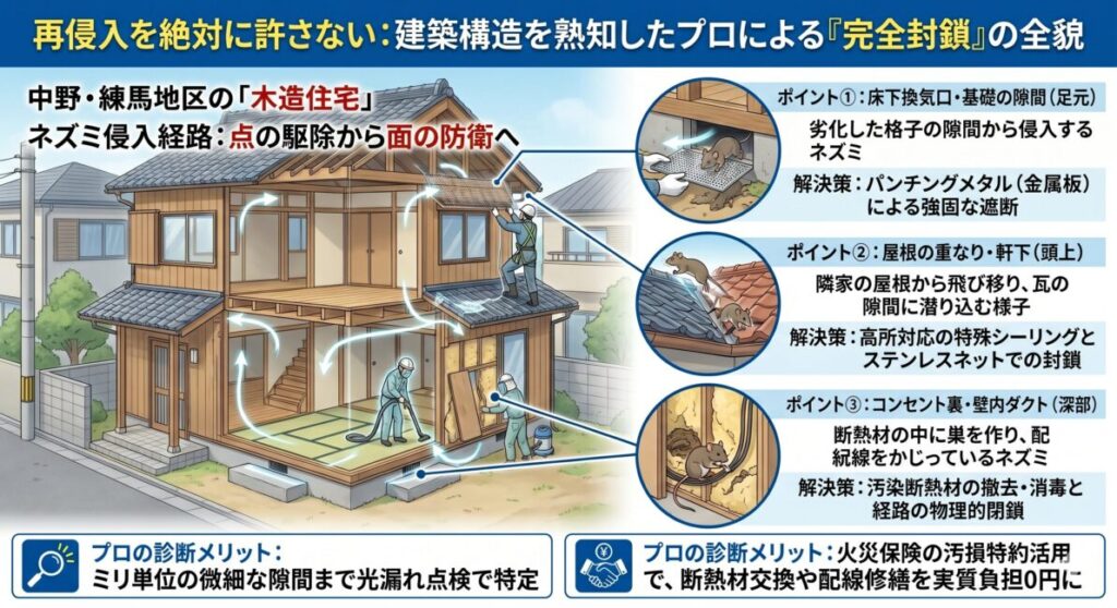 木造住宅におけるネズミの再侵入を防ぐ「完封施工」の解説図。床下換気口、屋根の合わせ目、壁内の配管ダクトといった死角となる侵入経路を特定し、建築プロが物理的に封鎖する手順を可視化。