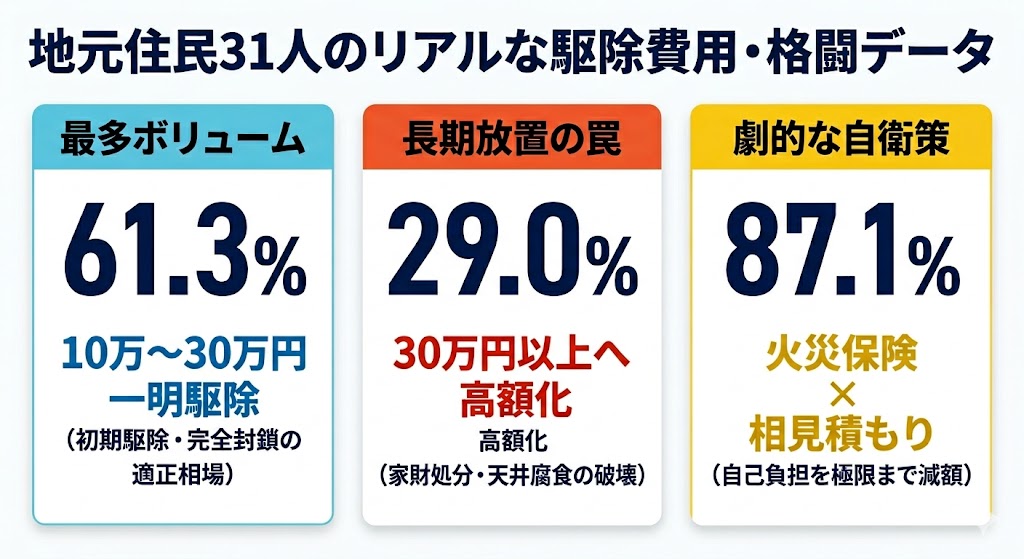 相模原市のハクビシン被害において、放置期間と駆除・修繕費用の相関関係を示した図解。被害発生直後の「追い出し」のみであれば最小限の費用で済むのに対し、行政の対応を待つなどの放置期間が長引くことで、糞尿による天井板の腐食や断熱材の全交換など、修繕工事が必要となり金銭的損失が拡大するリスクを解説したインフォグラフィック。早期診断の重要性を提示。