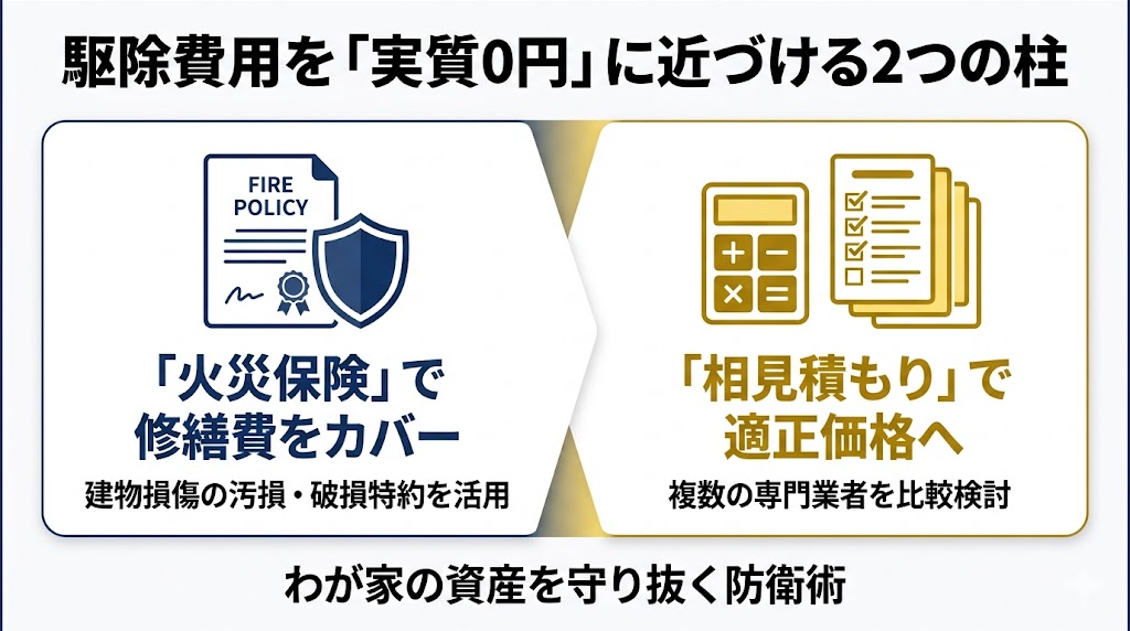 火災保険の汚損・破損特約を活用した害獣駆除の費用削減スキームと、複数業者への相見積もりによる適正価格化を解説する図解。ハクビシンやトコジラミによる建物汚損を「不測かつ突発的な事故」として申請し、自己負担を抑える資産防衛術を可視化。業者選びにおける無料調査の活用と、高額な修繕費を回避するための手続き手順を示すスマホ最適化インフォグラフィック