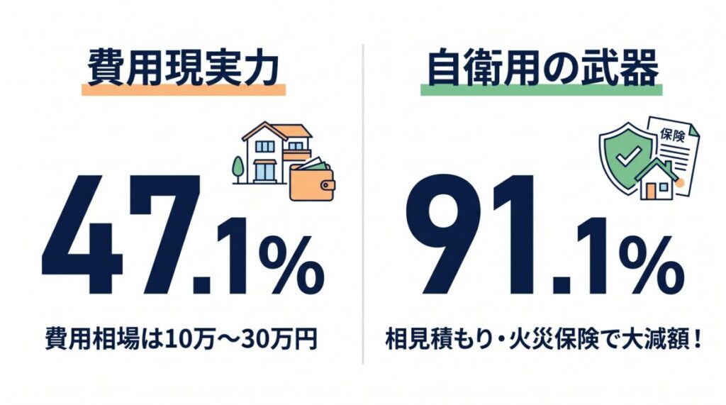 埼玉県民34名への独自アンケートに基づく民間のハクビシン・アライグマ・ネズミ駆除費用のリアルな相場データ図解。駆除・家屋補修にかかった費用の最多ボリュームゾーンは10万〜30万円（全体の47.1パーセント）であり、発見の遅れや長期放置により断熱材交換や天井板張り替えリフォームが発生した場合の50万円以上の高額化リスク（全体の14.7パーセント）を提示。自治体から費用補助金が出ない中で自己負担を劇的に減らせた救済策として、全体の91.1パーセントが複数の優良業者への相見積もりと火災保険の申請サポートを組み合わせて賢く自衛している実績を示すスマホ最適化インフォグラフィック