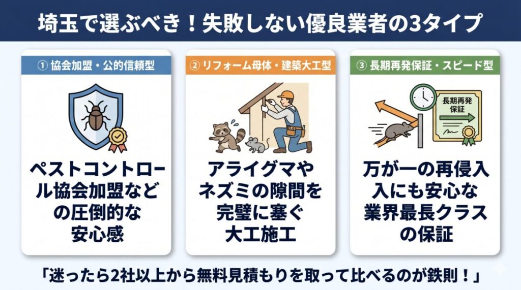 埼玉県のアライグマ・ハクビシン・ネズミ駆除業者選びの図解。火災保険申請サポートと再侵入保証に強い優良3タイプ（タイプA：ペストコントロール協会加盟の公的信頼および明朗会計型、タイプB：リフォーム会社母体の建築知識による家屋修繕完全封鎖型、タイプC：業界最長クラスの長期再発保証およびスピード対応型）を比較した図解。まずは2社以上から無料調査の見積もりを取り、適正相場を比較することが鉄則であることを示すスマホ最適化インフォグラフィック
