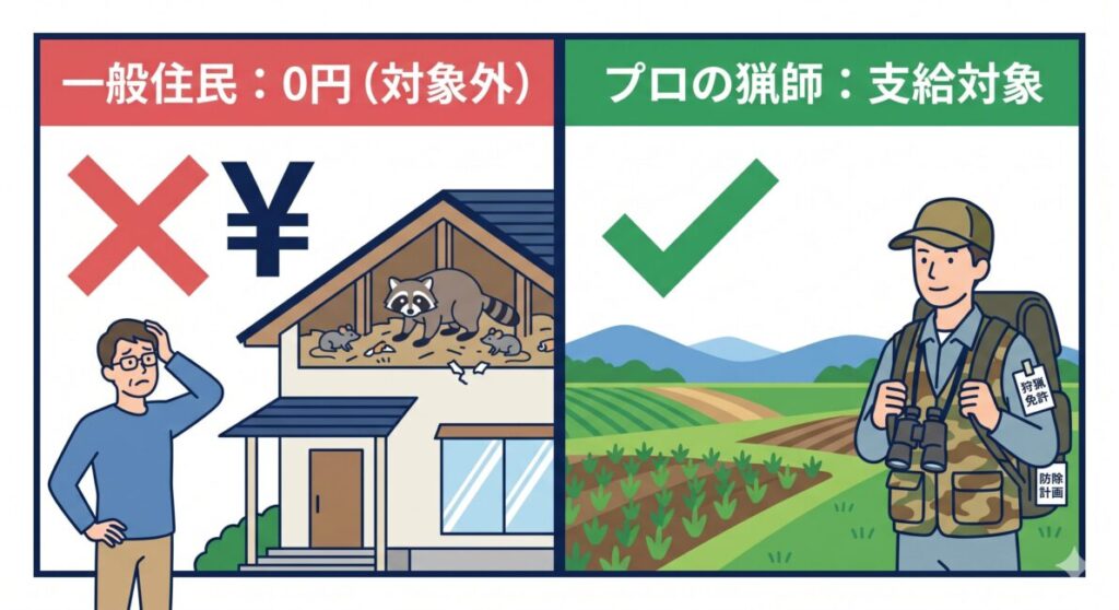 埼玉県やさいたま市、川口市のアライグマ・ネズミ等の害獣駆除における補助金・助成金の対象者の違いを比較した図解。一般市民のマイホーム被害には駆除費用の補助金や助成金は出ずアライグマの捕獲報奨金も対象外（0円）である現実を解説し、報奨金制度は地域の農林業被害を防ぐ狩猟免許を持ったプロの猟師や防除従事者向け（支給対象）であることを示すモバイル最適化インフォグラフィック