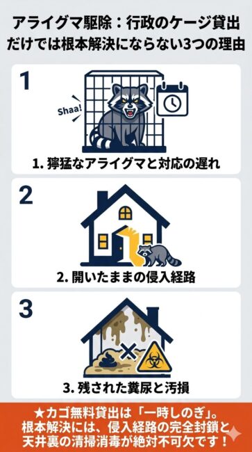 埼玉県のアライグマ駆除において役所の捕獲器無料貸出だけでは根本解決しない3つの理由（1：自力処分の精神的肉体的限界と土日祝日に動かない行政スケジュール、2：侵入経路が開いたままで起きる別の害獣の再侵入無限ループ、3：天井裏に残されたため糞や断熱材汚損の二次被害）を解説した図解。根本解決にはプロによる侵入経路の完全封鎖と消毒清掃が必要であることを示すスマホ最適化インフォグラフィック