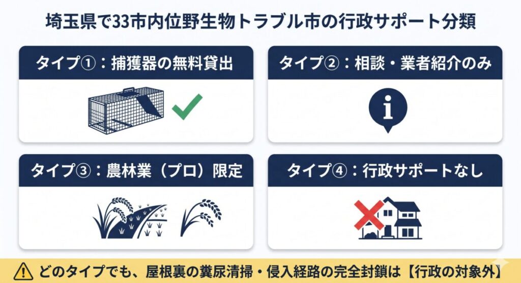 埼玉県内63市町村の害獣トラブルにおける行政の4つのサポートタイプ紹介インフォグラフィック