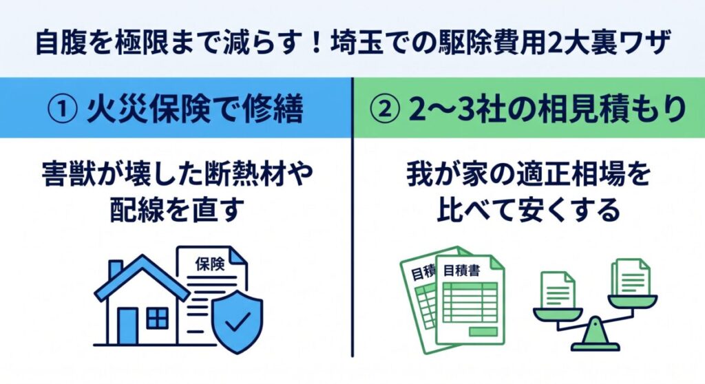 埼玉県のアライグマ・ネズミ駆除費用を極限まで抑える2大裏ワザの図解。裏ワザ1：アライグマが破壊した屋根裏の断熱材やネズミがかじった電気配線・天井板の修繕リフォーム費用に火災保険（不測かつ突発的な事故）を申請する（実質0円の事例多数）。裏ワザ2：埼玉県全域に対応した複数の優良業者から無料の相見積もりを取り、適正相場を把握して不要なオプションや悪徳業者を排除することを示すスマホ最適化インフォグラフィック