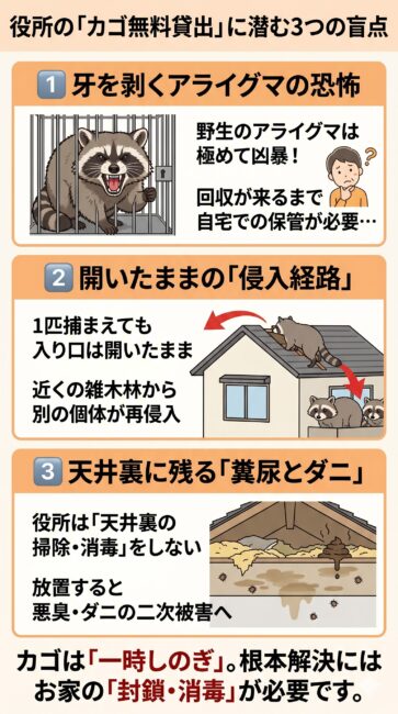 千葉県のアライグマ駆除で役所の捕獲器無料貸出だけでは根本解決しない3つの理由（自力処分の精神的肉体的限界、侵入経路が開いたままで起きる別の害獣の再侵入、天井裏に残されたため糞やダニの二次被害）をスマホ向けに解説した図解