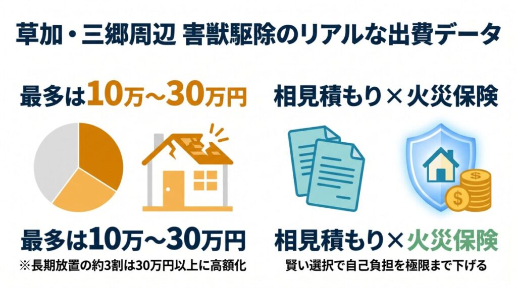 埼玉県草加市・三郷市周辺の一戸建てオーナー37名への独自アンケートに基づくハクビシン等害獣駆除費用相場のデータ図解。駆除・家屋補修にかかった費用の最多ボリュームゾーンは10万〜30万円（全体の62.2パーセント）であり、長期放置により断熱材汚損交換や天井板張り替えが必要になった場合の30万円以上の高額化リスク（全体の29.7パーセント）を提示。一方で、草加市や三郷市から直接の費用補助金が出ない中で自己負担を劇的に減らせた救済策として、全体の89.1パーセントが複数の優良業者への相見積もりと火災保険の申請サポートを組み合わせて賢く自衛している実績を示すスマホ最適化インフォグラフィック