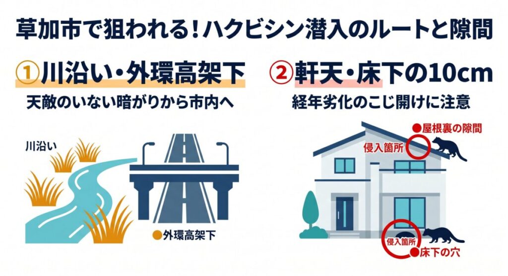 埼玉県草加市特有の地理環境と住宅構造におけるハクビシン侵入リスクを解説した図解。1：足立区や川口市から地続きで連鎖する綾瀬川・毛長川の河川敷や、外環自動車道の高架下・側道沿いの暗がりを移動ルートにして市街地へ流入する地理的リスク、2：日光街道周辺の密集地や古くからの木造住宅に潜む床下通気口格子の破損、経年劣化による軒天（屋根裏）の剥がれ、増改築部分の接合部の歪みなど、わずか10センチ（大人の握りこぶし1個分）の隙間から侵入される住宅の盲点を示したスマホ最適化インフォグラフィック