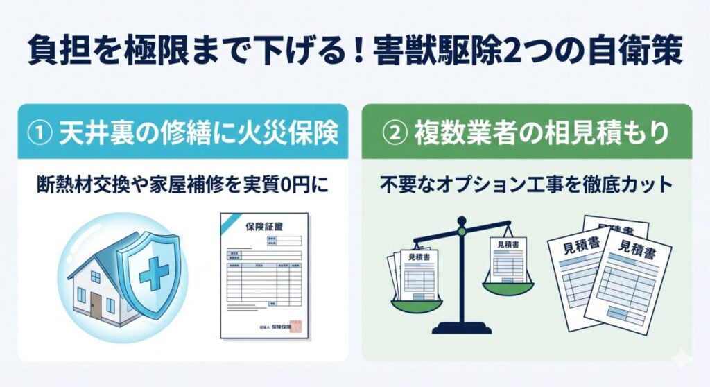 埼玉県草加市・三郷市で自治体の害獣駆除補助金が出ない場合に自己負担額を極限まで抑える2つの裏ワザの解説図解。裏ワザ1：ハクビシンやアライグマに破壊された天井裏の断熱材交換や家屋の汚損リフォーム、電気配線の修繕費用に火災保険（不測かつ突発的な事故）を正しく適用して実質自己負担0円に近い形で直す方法。裏ワザ2：草加市・三郷市全域対応のクリーンな優良業者同士で無料の現地調査と相見積もりを徹底比較し、我が家だけのリアルな適正相場を把握して悪徳業者の高額請求や不要なオプション工事をシャットアウトする鉄則を示したスマホ最適化インフォグラフィック