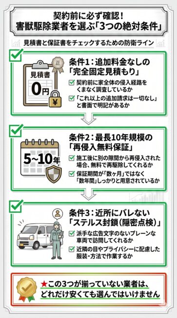 害獣駆除業者選びで失敗しないための3つの絶対条件（完全固定見積もり、長期再侵入無料保証、近所にバレないステルス封鎖対応）のチェックリスト図解