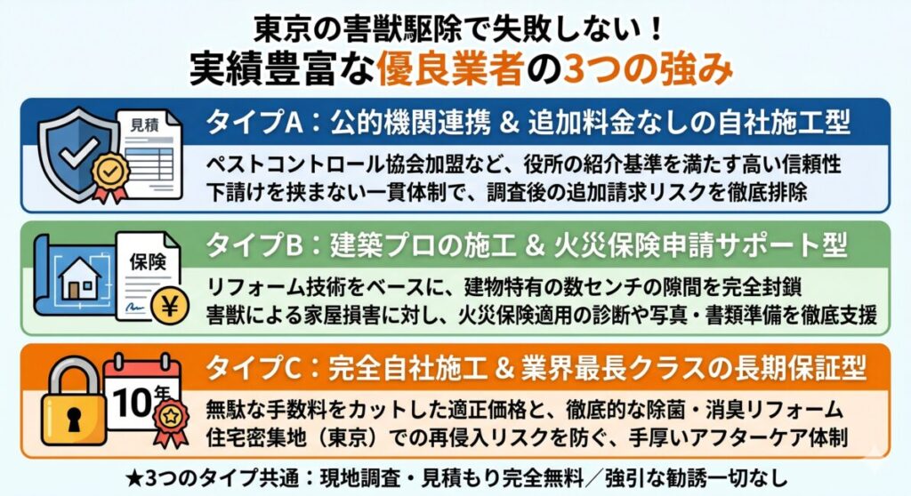 東京の害獣駆除業者選びで失敗しないための3つの優良タイプ（公的機関連携型、火災保険申請サポート型、業界最長クラス長期保証型）の比較図解インフォグラフィック