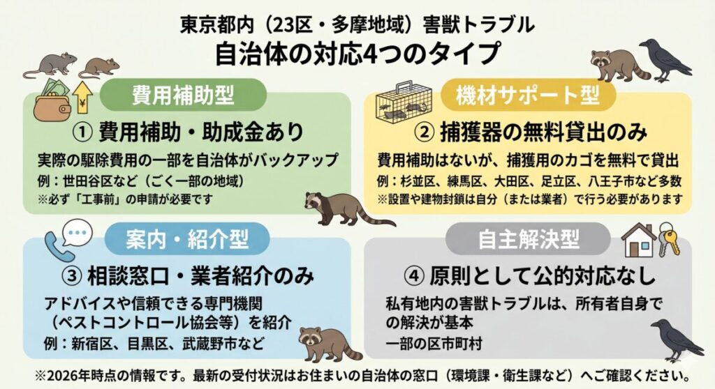 東京都の害獣駆除助成金・補助金の4つの対応タイプ（費用補助、捕獲器貸出、業者紹介、公的対応なし）をまとめた図解一覧