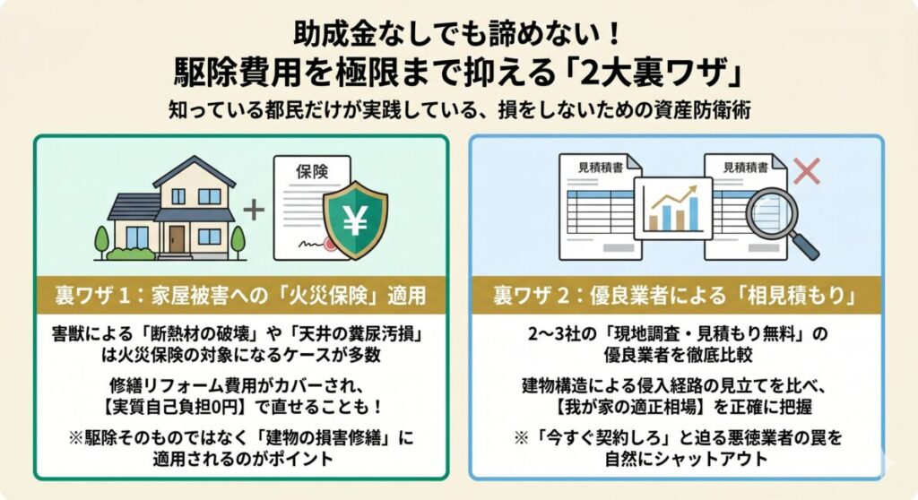 東京都の害獣駆除費用を抑える2大裏ワザ（家屋損害への火災保険適用で実質0円、無料の相見積もりで悪徳業者を排除し適正相場を把握）の比較図解