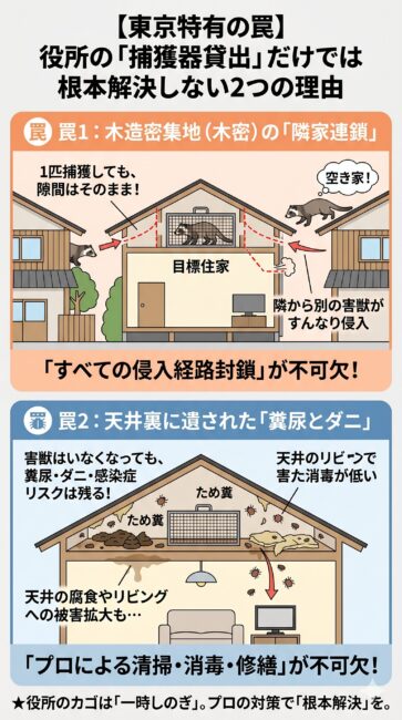 東京都の密集住宅地で役所の捕獲器貸出だけではハクビシンやネズミを根絶できない理由の図解。1匹捕獲しても侵入経路がそのままなら隣から別の害獣がやってくる「隣家連鎖」と、天井裏に残った糞尿やダニによる二次被害の恐怖を描写。