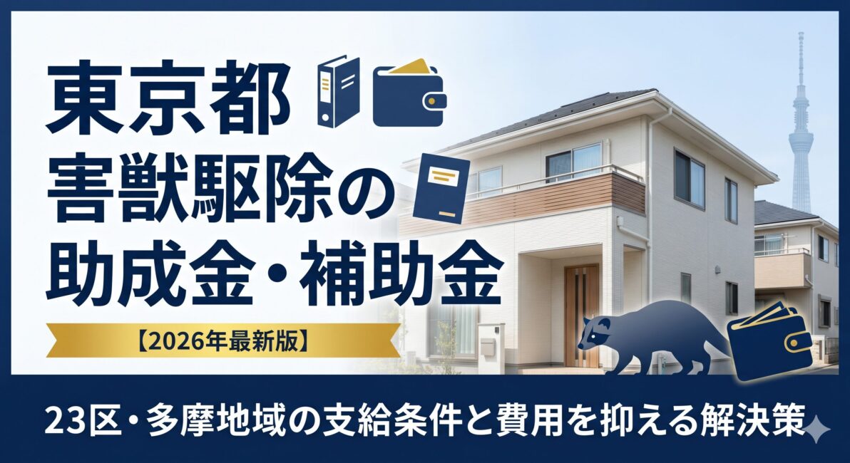 東京都の害獣駆除の助成金・補助金2026年最新情報を解説した記事のアイキャッチ画像。東京23区の支給条件と費用を抑える解決策の文字と一戸建て住宅のビジュアル