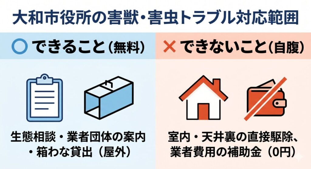 神奈川県大和市役所のハクビシン・トコジラミ等トラブルにおける行政サポートの範囲と限界を比較した図解。個人の私有地一戸建て・マンション被害に対する市役所による直接の捕獲駆除作業や民間業者への支払いに対する費用補助金・助成金は一律で対象外（0円）である限界を示す一方、環境総務課等の窓口で実施している生態相談、防除パンフレットの提供、専門業者団体（神奈川県ペストコントロール協会）の案内、屋外自力捕獲用の箱わな無料貸出ルールといった無料支援の範囲を対比したスマホ最適化インフォグラフィック