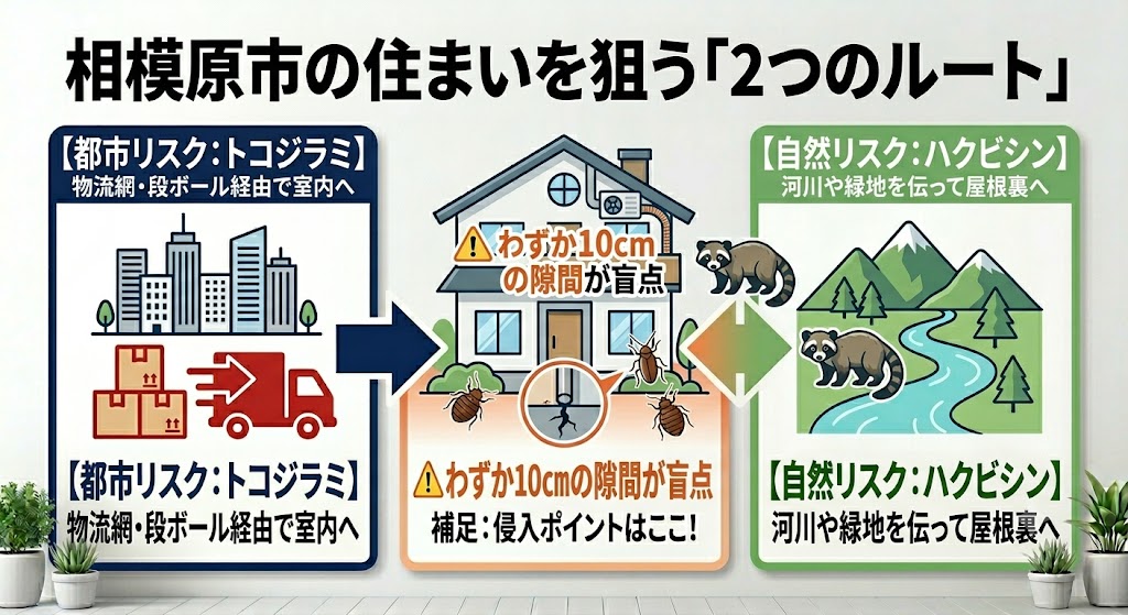 相模原市の地理的特性とハクビシン・トコジラミの侵入ルートを示す図解。橋本や相模大野など物流拠点が近いエリアのトコジラミ混入リスクと、緑区や河川沿いから住宅街へ移動するハクビシンの侵入経路を比較。築20年以上の戸建て住宅における雨樋、配管パテ、軒天の隙間など、被害を招く盲点を視覚化したインフォグラフィック