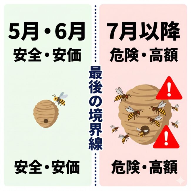 5月・6月（安全・安価）と7月以降（危険・費用高騰）のハチ駆除の違いと境界線を解説した、スマホ向け左右スプリット比較図解イラスト