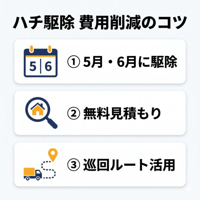 5月・6月のハチ駆除費用を最小限に抑える3つのステップ（5月・6月の早期駆除・無料見積もり・近隣の巡回ルート活用）を解説した日本語の図解イラスト