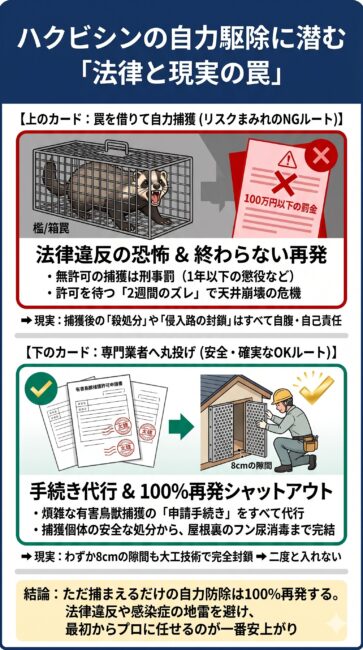 ハクビシン被害において、自治体から罠を借りて自力駆除（有害鳥獣捕獲）を行う場合の法律違反リスクと過酷な現実を解説した図解イラスト。無許可捕獲に伴う鳥獣保護管理法違反（1年以下の懲役または100万円以下の罰金）の恐怖や、申請から罠が届くまでのタイムラグによる天井崩壊リスク、捕獲後の殺処分・再発防止の侵入路封鎖を全て自己責任で行わなければならないNGルートに対し、面倒な行政手続きの代行から捕獲個体の処分、わずか8cmの侵入口の完全大工封鎖までをトータルで完結させる専門業者の圧倒的な費用対効果の強み