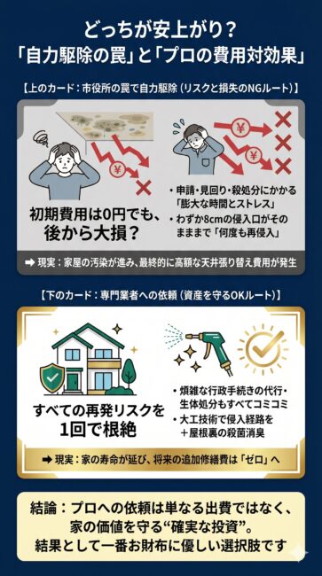 ハクビシン駆除において、市役所の罠貸出を利用した自力防除の隠れコストと、専門業者に依頼した場合の本当の費用対効果を比較解説した図解イラスト。初期費用をケチって自力で苦回ることで発生する手続きの負担や捕獲後の殺処分、侵入口が塞がらないことによる度重なる再侵入と最終的な天井崩壊リフォーム費用の発生というNGルートに対し、面倒な手続き代行からわずか8cmの侵入ルートの完全大工封鎖、糞尿の徹底的な殺菌消臭までを一発で完結させて将来の追加出費をゼロに抑える専門業者のコストパフォーマンスの強み