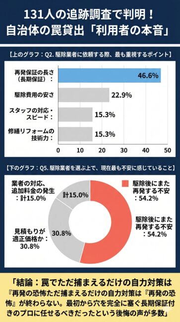 自治体から罠を借りてハクビシンの自力駆除に挑戦した131名の独自アンケート結果を可視化したデータ図解イラスト。駆除業者に求める条件として「長期の再発保証」が46.6%で最多を占め、業者選びの最大の不安要素として「駆除後の再発」が54.2%と過半数を超えている実態を、シンプルな横棒グラフと円グラフで分かりやすく表現。ただ捕獲するだけの自力防除ではわずか8cmの侵入経路が空いたままになり再発を繰り返すため、多くの利用者が「最初から完全封鎖と長期保証を持つ専門業者に頼むべきだった」と後悔している背景