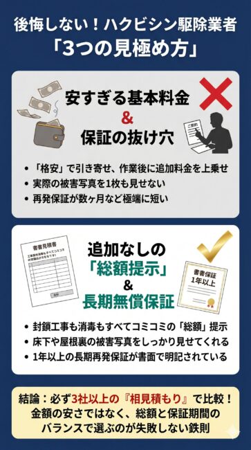 ハクビシン駆除において、トラブルの多い悪質業者の手口と信頼できる優良業者の比較ポイントをわかりやすく解説した図解イラスト。「基本料金の安さ」で引き寄せて後から高額な追加料金を請求したり、写真を提示せずに契約を迫る地雷業者のリスクに対し、侵入経路の封鎖や殺菌消毒まで全て含んだ「コミコミ総額」の提示、被害写真の開示、1年以上の長期再発保証を書面で約束する優良業者の特徴を比較。