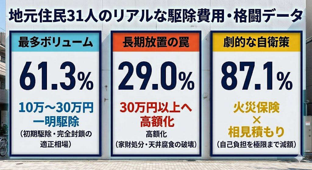 神奈川県大和市・厚木市周辺の一戸建てオーナー31名への独自アンケートに基づくハクビシン・トコジラミ等駆除費用相場のデータ図解。駆除・家屋補修にかかった費用の最多ボリュームゾーンは10万〜30万円（全体の61.3パーセント）であり、発見の遅れや長期放置により断熱材汚損交換や天井板張り替えリフォーム、家財処分が必要になった場合の30万円以上の高額化リスク（全体の29.0パーセント）を提示。自治体から直接の費用補助金が出ない中で自己負担を劇的に減らせた救済策として、全体の87.1パーセントが複数の優良業者への相見積もりと火災保険の申請サポートを組み合わせて賢く自衛している実績を示すスマホ最適化インフォグラフィック

