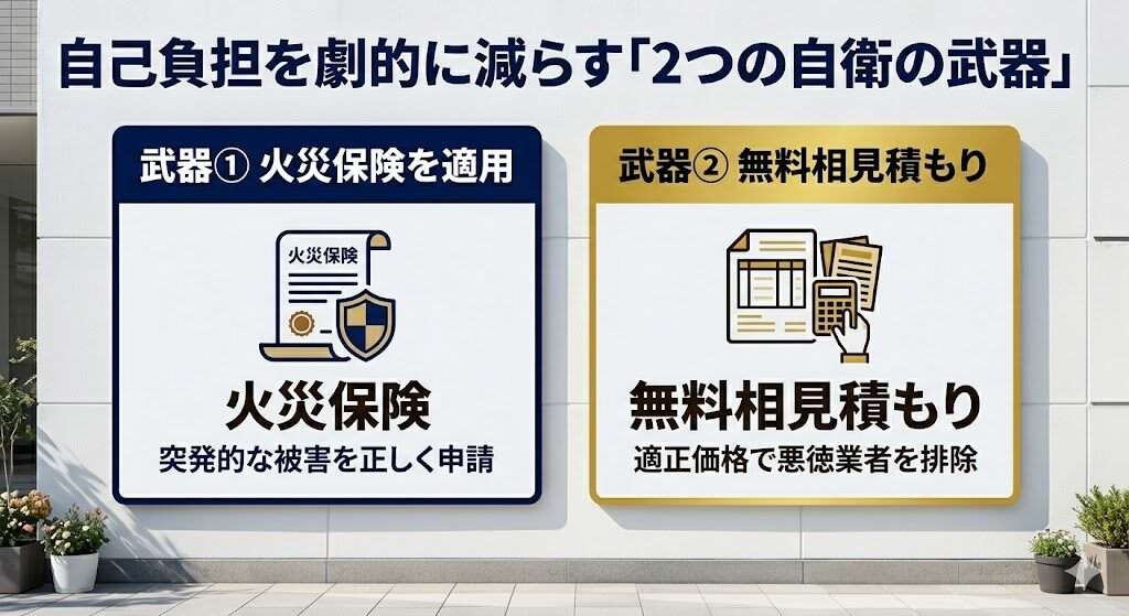 神奈川県大和市で害獣・害虫駆除の補助金が適用外の場合に、自己負担額を極限まで抑える2つの自衛の武器を解説した図解。武器1：ハクビシンに破壊された天井裏の断熱材交換や、トコジラミの汚損等による修繕リフォーム費用に、不測かつ突発的な事故として「火災保険」を正しく適用して実質自己負担を抑える方法。武器2：大和市全域対応のクリーンな優良業者同士で無料の現地調査と相見積もりを徹底し、我が家だけのリアルな適正相場を把握して悪徳業者の高額請求や不要なオプション工事をシャットアウトする鉄則を示したスマホ最適化インフォグラフィック
