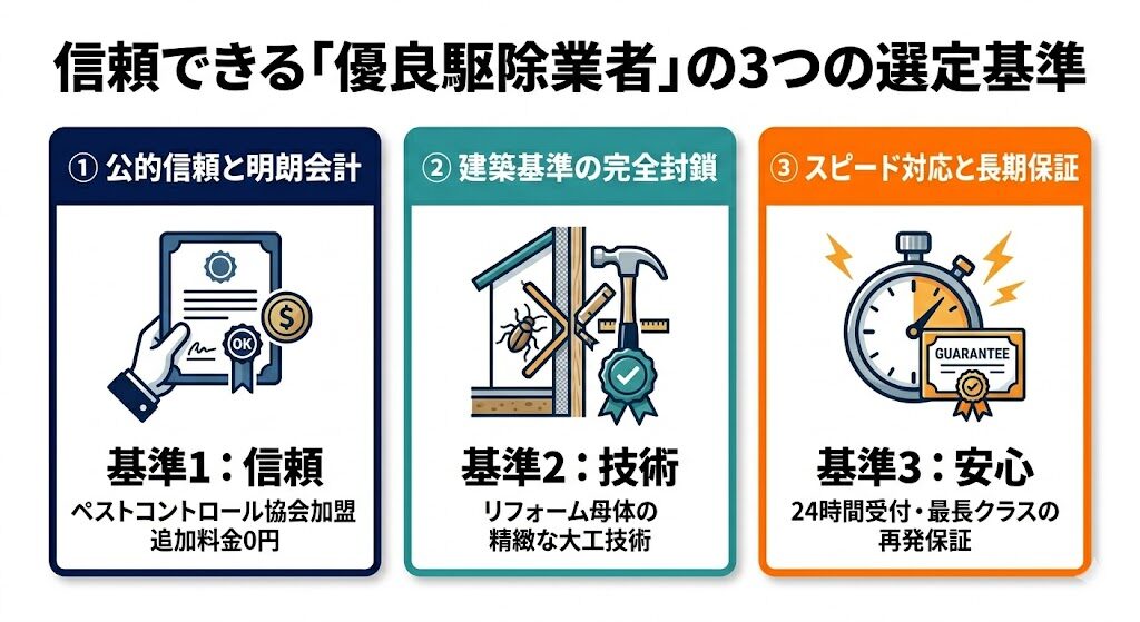 神奈川県大和市全域に対応したハクビシン・トコジラミ等駆除業者選びにおける3つの優良タイプを比較した図解。タイプ1：ペストコントロール協会加盟の公的信頼および追加料金なしの明朗会計型、タイプ2：リフォーム会社母体の建築大工知識による隙間の家屋修繕完全封鎖型、タイプ3：24時間受付対応のスピード重視および業界最長クラスの長期再発保証型を網羅。悪徳業者を排除するためにまずは2社以上から無料の現地調査を呼び、見積もりを比較することが鉄則であることを示すスマホ最適化インフォグラフィック
