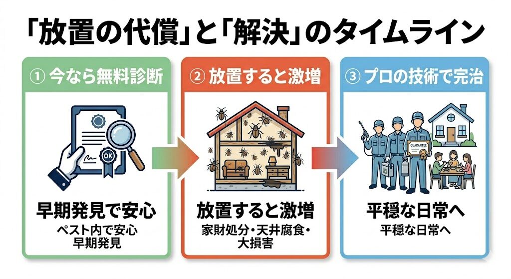 ハクビシンやトコジラミの住宅被害を放置することの危険性と、早期解決の重要性を解説した図解。被害の初期段階でプロの無料診断を受けることで、家財の一斉処分や天井裏の腐食・リフォームといった高額な二次被害（金銭的損失）を未然に防ぎ、大切なマイホームと平穏な日常を取り戻すためのロードマップを示すスマホ最適化インフォグラフィック
