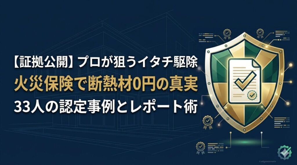 イタチ駆除と断熱材交換費用において、自腹での高額な修繕を回避し、火災保険の『破損・汚損特約』を活用して実質0円を狙う資産防衛術を建築プロの視点から解説した記事のアイキャッチ画像。洗練されたディープネイビーを基調に、住宅の設計図面と資産を守る強固な盾、保険審査突破を象徴するチェックマーク付きの鑑定書類のイラスト