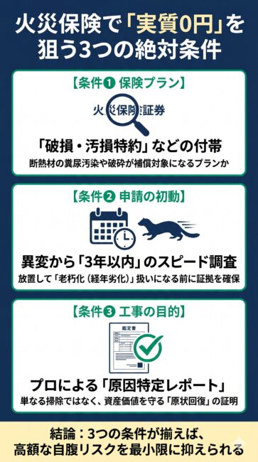 イタチ被害による家屋の修繕費や断熱材交換費用を火災保険で「実質0円〜数万円の自己負担」に近づけるための3つの絶対条件を解説した図解イラスト。保険証券に「破損・汚損特約」が付帯しているかというプランの確認、経年劣化（老朽化）否認を避けるための3年以内のスピード初動、そして審査官を納得させるプロの『原因特定レポート』による原状回復の妥当性証明という3つのステップ