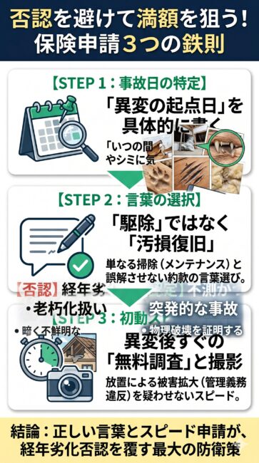 イタチ被害による家屋の修繕費用において、火災保険会社から「経年劣化（老朽化）」とみなされて却下されるリスクを徹底的に防ぐための3つのコツを解説した図解イラスト。異変のあった日を起点にする具体的な事故日の特定、メンテナンス扱いを避けるための「汚損復旧（原状回復）」という正しい申請言葉の選択、そして放置を疑わせないための発覚直後のスピード無料調査という3つの鉄則