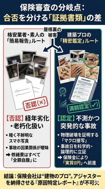 イタチによる屋根裏の断熱材破砕や糞尿汚損において、火災保険の審査が却下されるケースと認定されるケースの証拠書類の差を比較解説した図解イラスト。不鮮明な写真や因果関係の曖昧さから「経年劣化（老朽化）」とみなされて否認される格安業者の簡易報告書リスクと、構造上の物理破壊をマクロ接写で証明し、事故日を論理的に立証して『不測かつ突発的な事故』として認定を勝ち取る専門業者の『原因特定レポート（建物被害鑑定書）』の威力