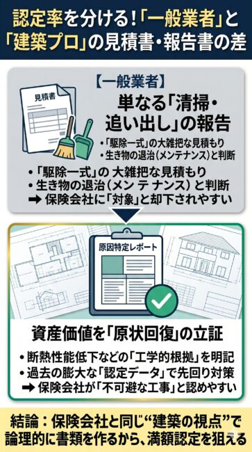 イタチの屋根裏被害において、一般の駆除業者と建築知識を持つ専門業者で火災保険の認定率が激変する理由を比較解説した図解イラスト。「駆除一式」などの大雑把な見積もりや清掃中心の報告によって単なるメンテナンス（補償対象外）と判断される一般業者のリスクに対し、断熱性能低下や構造材の腐食リスクを工学的に立証して「不可避な原状回復工事」として受理させる専門業者の書類作成・交渉スキルの強み