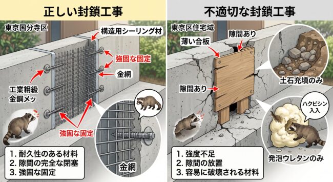 害獣侵入口の正しい封鎖工事と不適切な工事の比較図