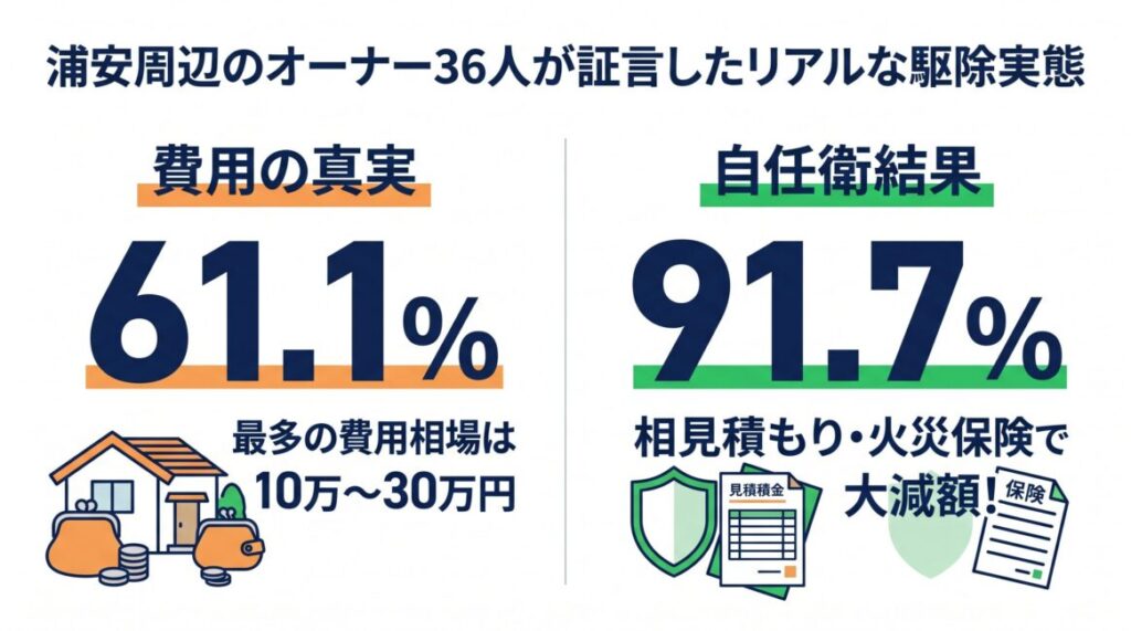 浦安市周辺の一戸建てオーナー36名への独自アンケート結果の図解。民間のネズミ駆除・家屋補修にかかった費用のボリュームゾーンは10万〜30万円（全体の61.1パーセント）であるというシビアな現実と、浦安市から直接の費用補助金が出ない中で自己負担を劇的に減らせた救済策として全体の91.7パーセントが「複数の優良業者への相見積もり」と「火災保険の申請サポート」を組み合わせて賢く自衛している実績を示すスマホ最適化インフォグラフィック