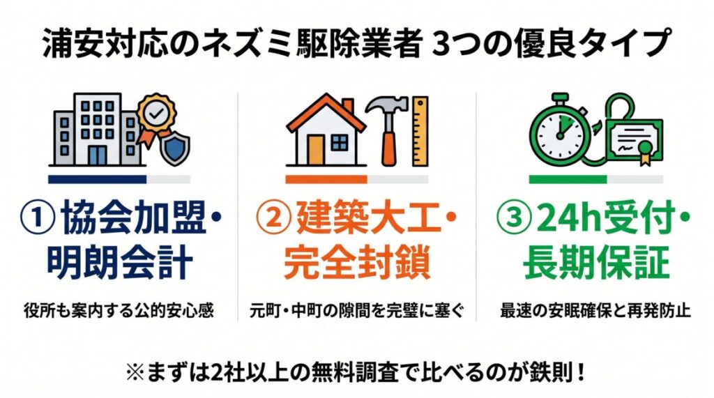 千葉県浦安市全域に対応したネズミ駆除業者選びにおける3つの優良タイプを比較した図解。タイプ1：ペストコントロール協会加盟の公的信頼および追加料金なしの明朗会計型、タイプ2：リフォーム会社母体の建築大工知識による隙間の家屋修繕完全封鎖型、タイプ3：24時間受付対応のスピード重視および業界最長クラスの長期再発保証型を網羅。悪徳業者を排除するためにまずは2社以上から無料の現地調査を呼び、見積もり（相見積もり）を比較することが鉄則であることを示すスマホ最適化インフォグラフィック