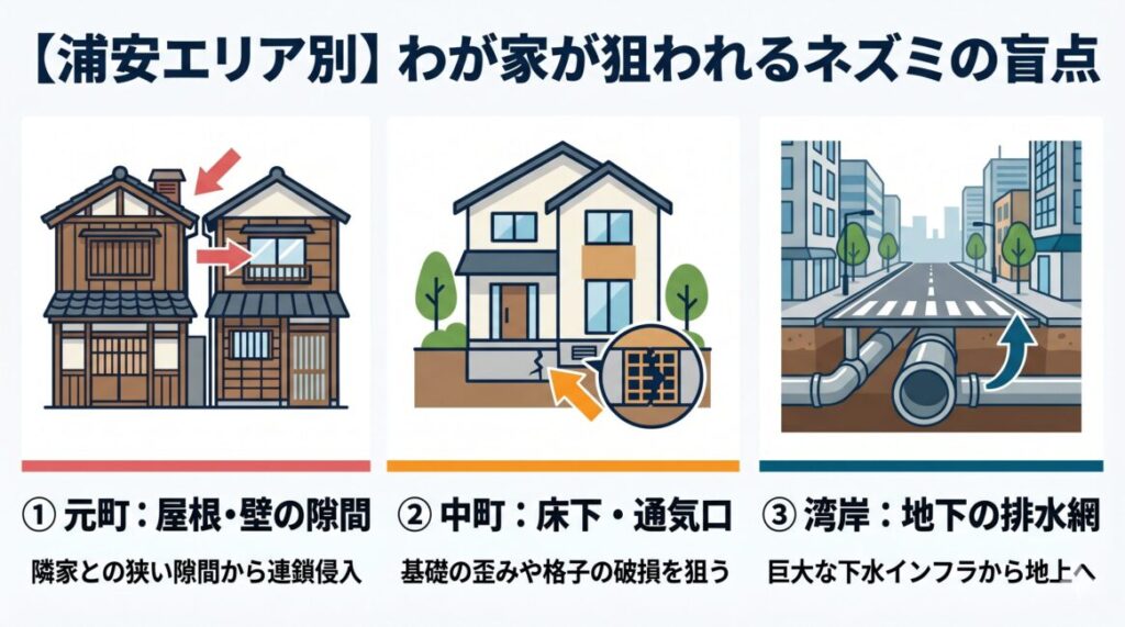 千葉県浦安市特有の地理・住宅構造におけるネズミ侵入リスクを3エリア別に解説した図解。1：当代島・北栄・猫実などの元町エリア（古い商業地・狭小密集地で隣家との狭い隙間から連鎖侵入するリスク）、2：美浜・入船・富岡などの中町エリア（築30年以上の経年戸建てに潜む基礎と土台の歪みや床下通気口格子の破損という盲点）、3：湾岸・新町エリアやテーマパーク周辺（巨大な地下排水インフラや境川などの水網で大繁殖したドブネズミが地上へ這い出る背景）を示したスマホ最適化インフォグラフィック