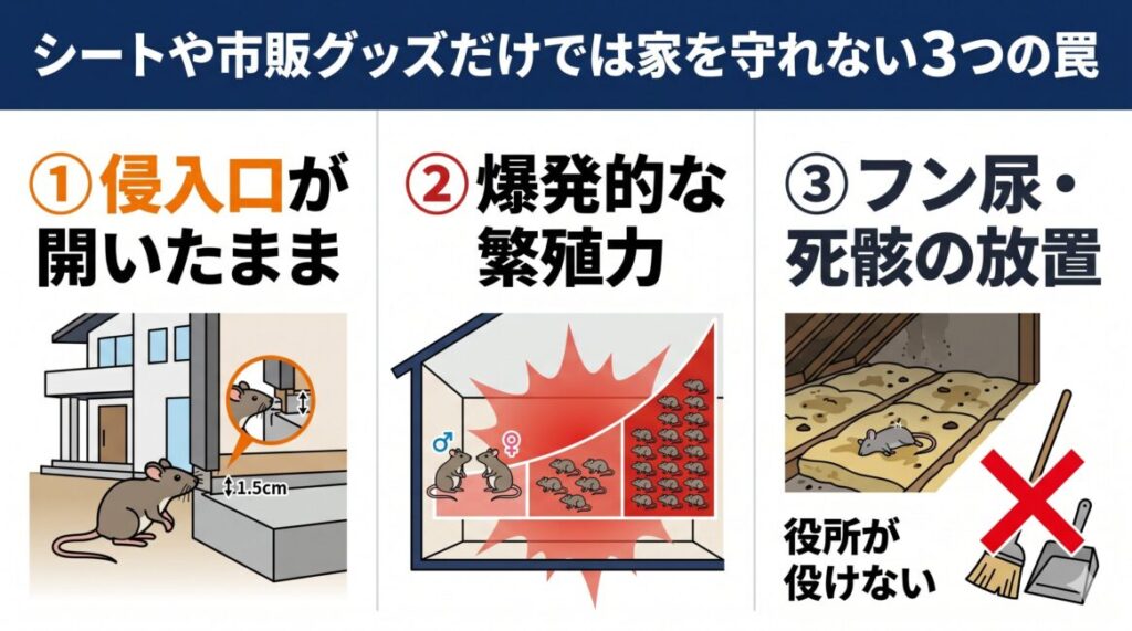 浦安市のネズミ駆除において役所の粘着シートや市販の対策だけでは根本解決しない3つの理由を解説した図解。1：わずか1.5cmの侵入経路の隙間が開いたままで起きる別のネズミの再侵入無限ループ、2：罠で数匹捕まえている間にも壁の中で毎月数十匹が産まれる驚異の繁殖スピード、3：屋根裏に遺された不衛生なフン尿やダニ・ノミ、死骸の処分は行政は掃除してくれない二次被害リスクを示し、プロによる完全封鎖とリフォーム清掃の必要性を表すスマホ最適化インフォグラフィック