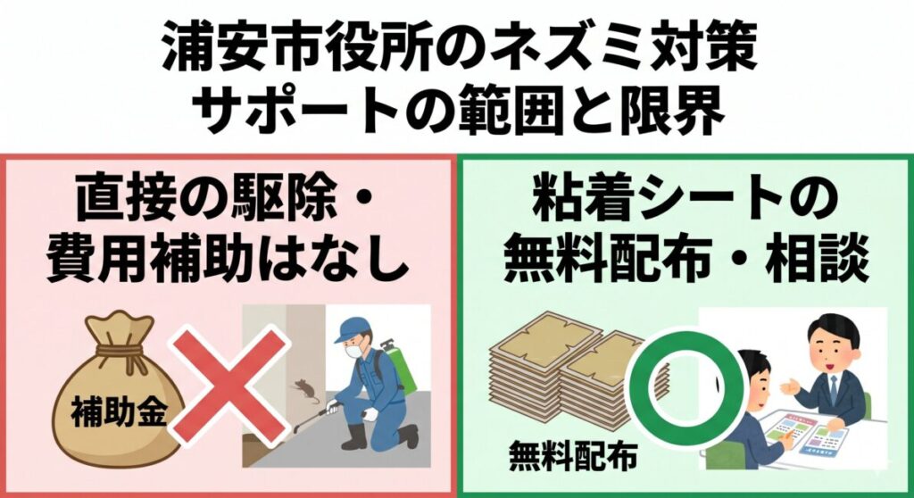 千葉県浦安市役所のネズミトラブルにおける行政サポートの範囲と限界を比較した図解。個人の私有地一戸建て被害に対する市役所による直接の捕獲駆除作業や、民間業者への支払いに対する費用補助金・助成金は一律で対象外（0円）であるという限界を示す一方、環境政策課の窓口で実施しているネズミ捕り用粘着シートの無料配布、防鼠パンフレットの提供、専門業者団体の案内といった親切な無料支援の範囲を対比したスマホ最適化インフォグラフィック