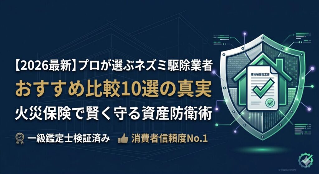 ネズミ駆除業者おすすめ比較10選において、自腹での高額な修繕を回避し、火災保険の『破損・汚損特約』を活用して実質0円で住宅を復旧する資産防衛術を建築プロの視点から解説した記事のアイキャッチ画像。洗練されたディープネイビーを基調に、住宅の設計図面と資産を守る強固な盾、保険審査突破を象徴するチェックマーク付きの鑑定書類のイラストを配置。「プロが選ぶネズミ駆除業者・おすすめ比較10選の真実・火災保険で賢く守る資産防衛術」という2026年最新の検証テーマ